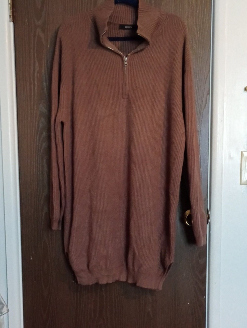 Women's Dark Brown Half-Zip Ribbed Sweater Dress